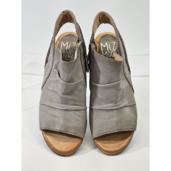 MIZ MOOZ Women's 39 / 8.5 Gray Leather Peep Toe Booties Sandals Heels Studded - Picture 4 of 7